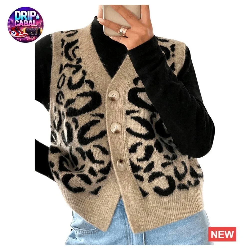 Leopard Print Button Up Sweater Vest Sleeveless Knit Y2K Office Chic